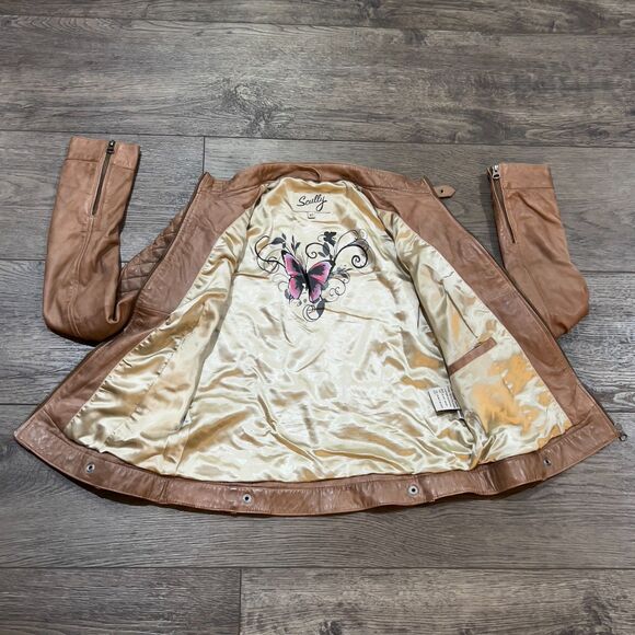 RARE! Scully Light Brown Soft Leather Jacket Interior Butterfly Graphic Women XS - Picture 6 of 11